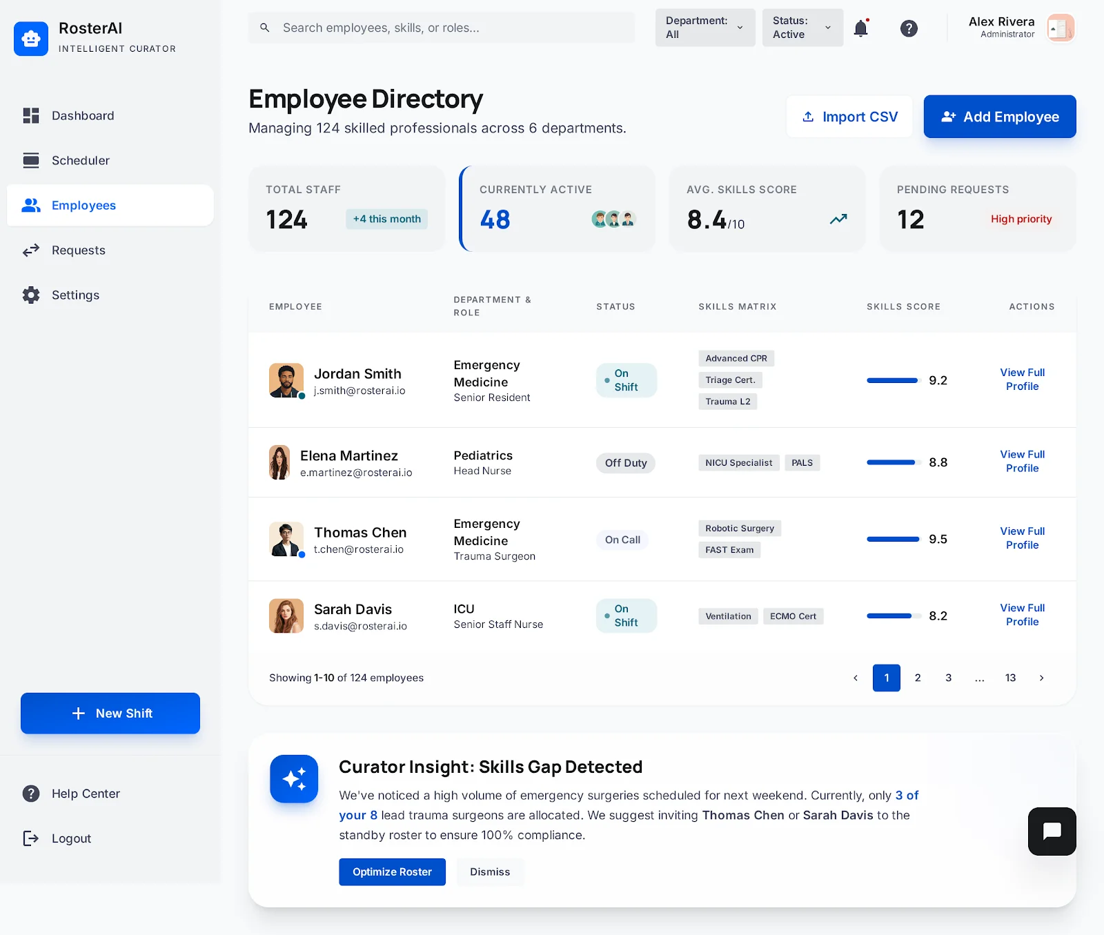 RosterAI Employee Directory — Skills matrix with AI skills gap detection