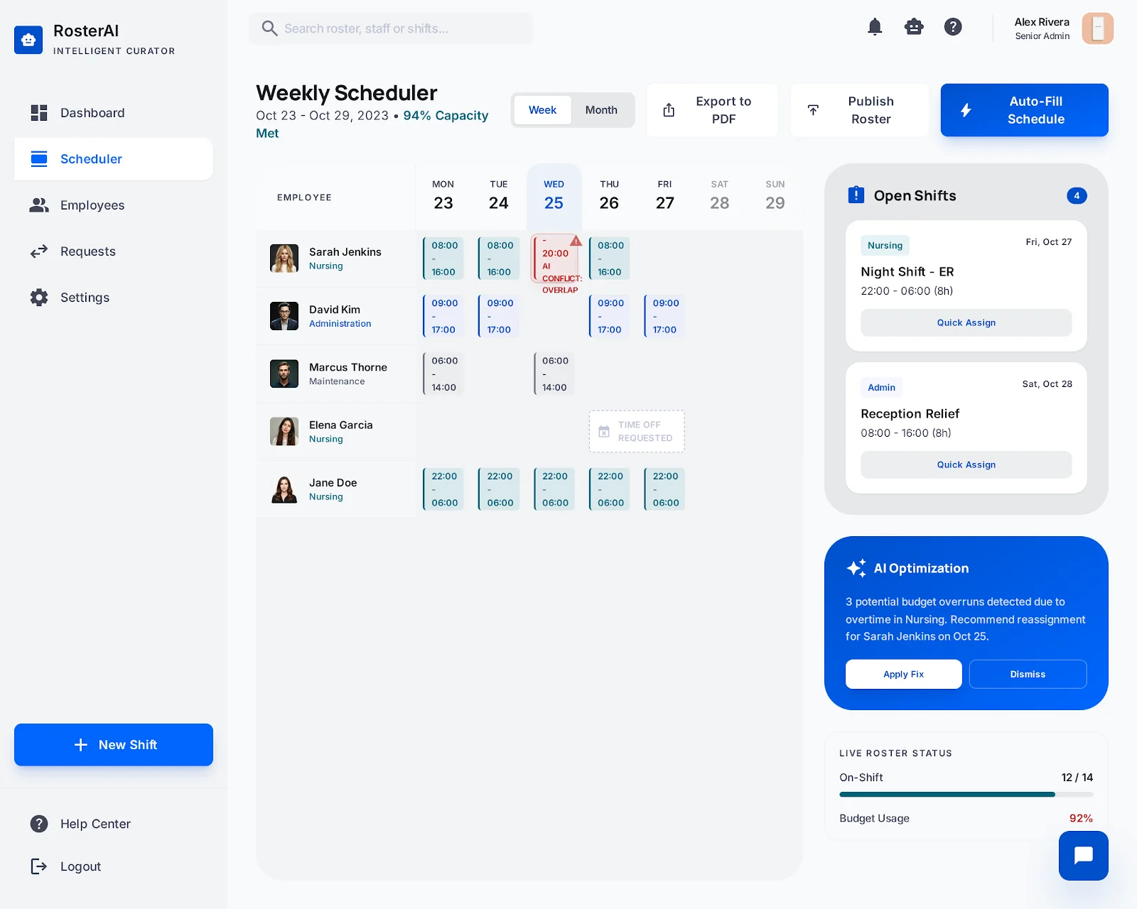 RosterAI Smart Scheduler — Weekly view with AI conflict detection and auto-fill