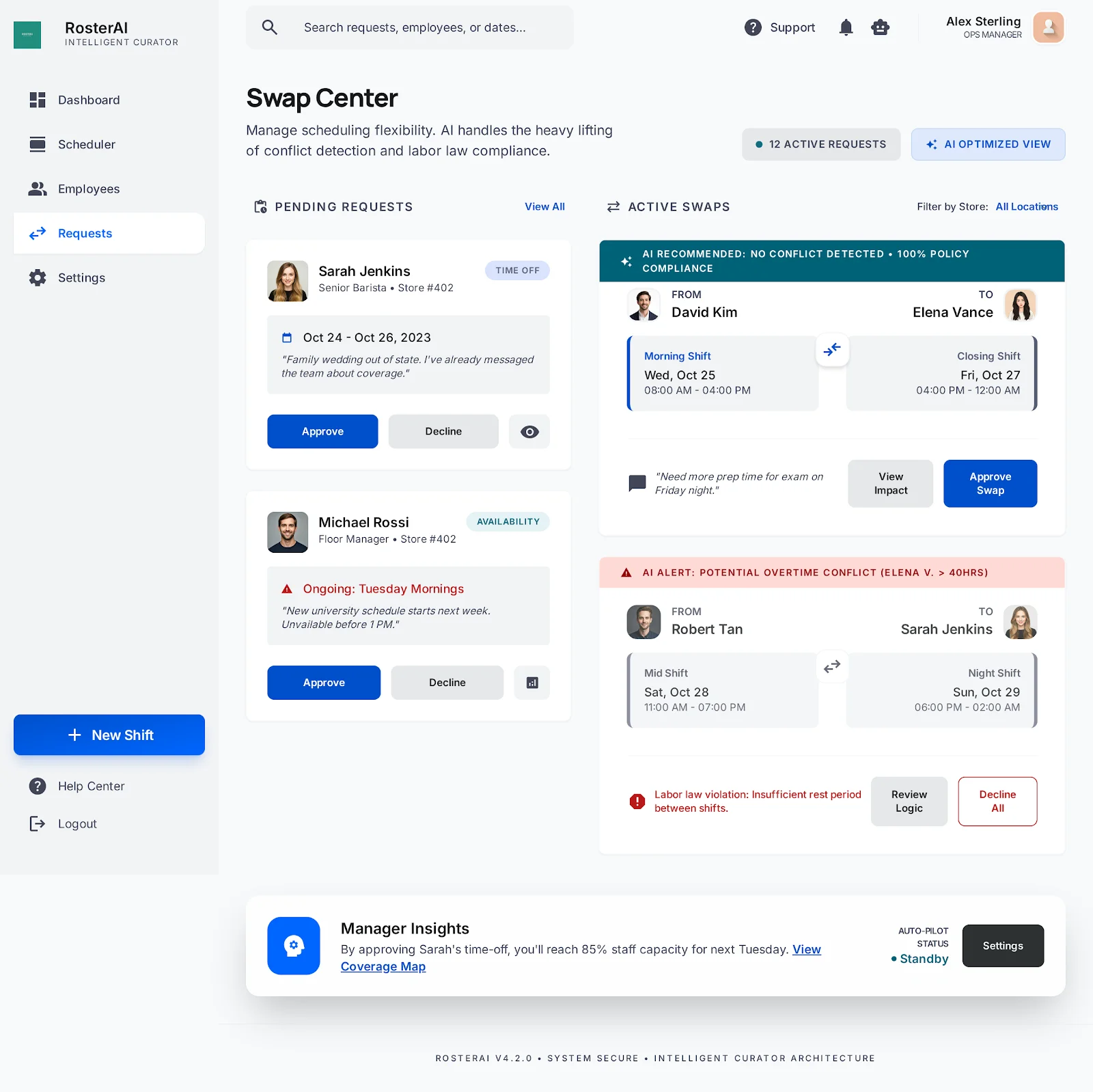 RosterAI Swap Center — AI-powered shift swap management with compliance checking